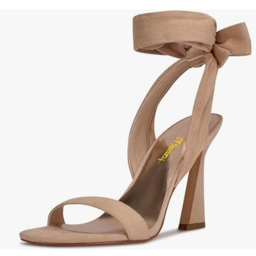 Milooey shoes Nude Open Toe Strappy Lace Up Block High Heels Ankle Strap Sandal